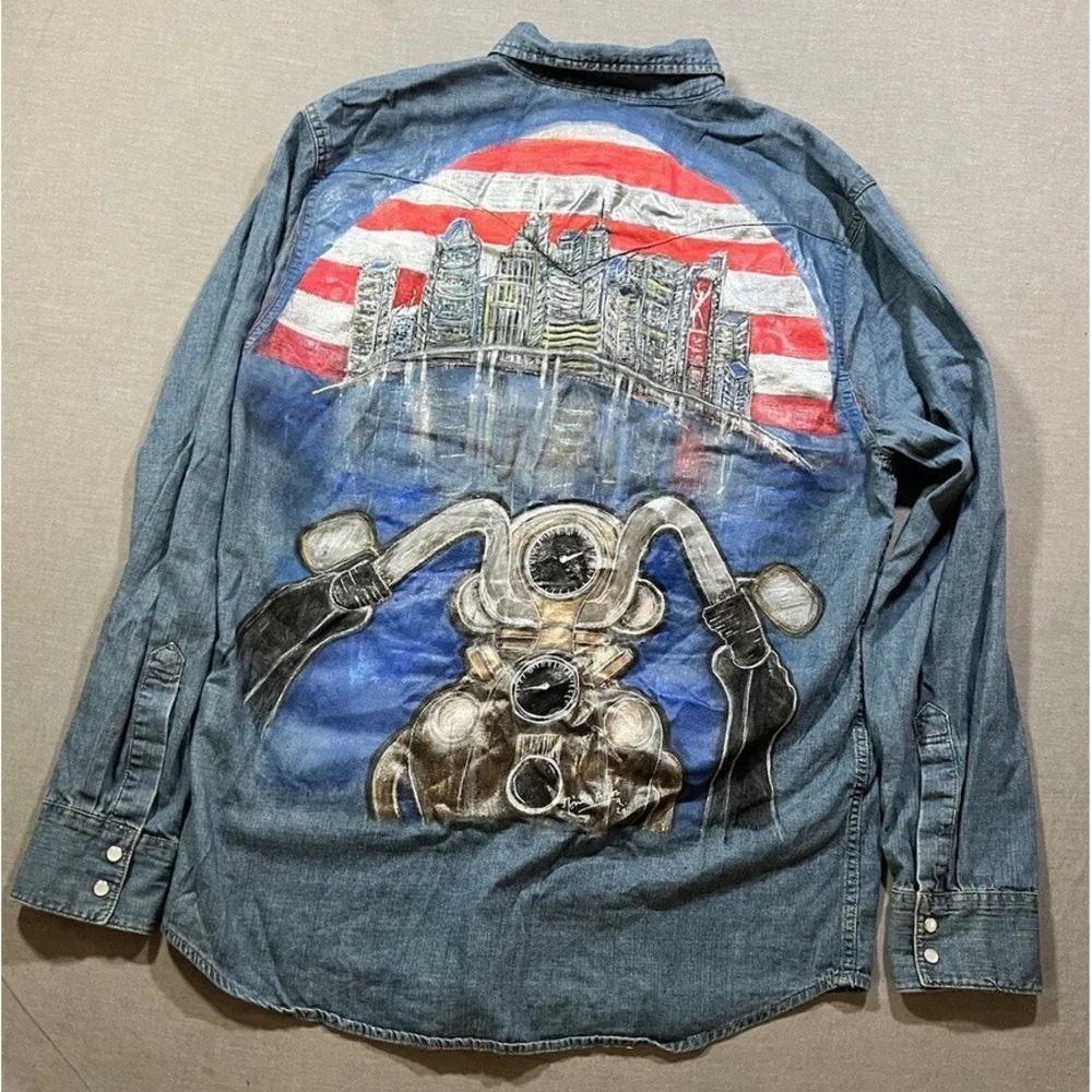 Levis Custom Painted Motorcycle Denim Button Shirt Mens XL Blue Pearl Snap Adult